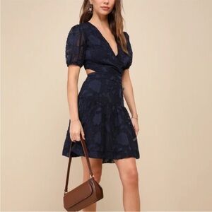 Lulu's Navy Floral Burnout V-Neck Backless Mini Dress